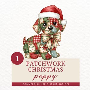 Könnte beinhalten: Digitale Illustration eines Patchwork-Welpen mit Weihnachtsmütze und großer Schleife. Der Welpe besteht aus Stoffquadraten in Rot, Grün und Weiß. Das Bild enthält den Text "PATCHWORK CHRISTMAS puppy".