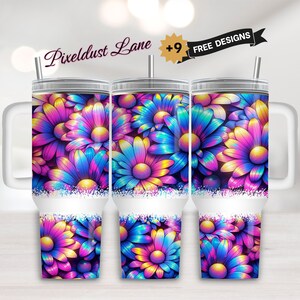 Tumbler con margherite floreali primaverili da 40 once, Tumbler floreale olografico da 40 once PNG Disegni di sublimazione di fiori primaverili, Download digitale di fiori PNG