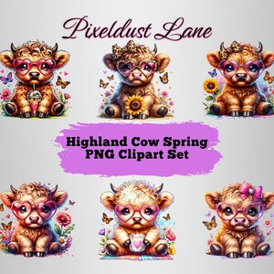Watercolor Spring Highland Cow Clipart Set , Easter Spring Highland Cow Clipart Bundle, Baby Cow Clipart Bundle, Easter Sublimation Design