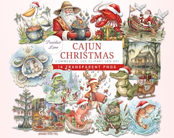 Cajun Christmas Clipart, Watercolor Cajun Santa and Alligator Clip Art, Louisiana Southern Swamp Bayou Tree Clip Art Set PNG Bundle