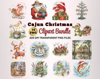 Cajun Christmas Clipart, Watercolor Cajun Santa and Alligator Clip Art, Louisiana Southern Swamp Bayou Tree Clip Art Set PNG Bundle