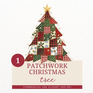 Könnte beinhalten: Illustration eines Patchwork-Weihnachtsbaums mit goldenem Stern. Der Baum besteht aus roten, grünen und weißen Stoffquadraten mit Mustern wie Karos, Punkten und floralen Motiven. Der Text "PATCHWORK CHRISTMAS tree" ist darunter abgebildet.
