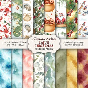 Puede incluir: Una colección de 16 papeles digitales con temática de Navidad cajún. Los diseños incluyen ilustraciones de cangrejos de río, caimanes, ostras, Papá Noel, instrumentos musicales y pelícanos. Cada papel mide 305 mm x 305 mm. El texto de la imagen dice "Cajun Christmas".