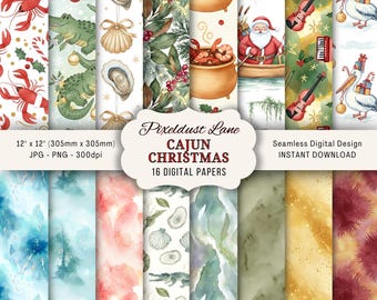 Cajun Christmas Digital Paper, Watercolor Cajun Santa and Alligator Background, Louisiana Southern Swamp Bayou Tree Paper Set Bundle JPG PNG