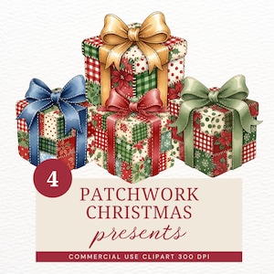 Puede incluir: Ilustración en acuarela de cuatro regalos de Navidad de patchwork con lazos dorados, azules, rojos y verdes. Los regalos están decorados con motivos florales y a cuadros. Incluye el texto "PATCHWORK CHRISTMAS presents".