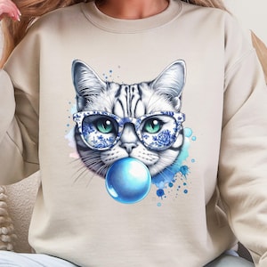Retro Vintage Glasses Cat png, Cat Blowing Bubble Digital Download Sublimation Design for Shirt, Animal Trendy Bubblegum Blue Toile Kitty