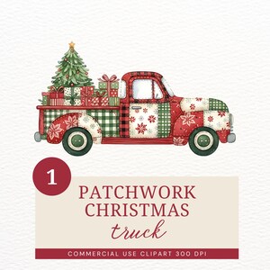 Könnte beinhalten: Aquarell-Illustration eines roten Patchwork-Weihnachtstrucks mit einem geschmückten Weihnachtsbaum und verpackten Geschenken. Der Truck hat grüne Räder. Der Text "PATCHWORK CHRISTMAS truck" ist enthalten.