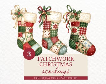 Patchwork Christmas Stocking Clipart, Quilted Fabric Holiday Stockings Cozy Watercolor Holiday Farmhouse Dollar Deal Digital Download