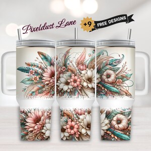 Pastel Flower Wrap for 40oz Tumbler, Boho Floral PNG Tumbler Design, Feather Sublimation Designs Digital Download for 40 oz Tumbler Wrap
