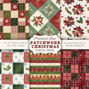 May include: A collection of six digital Christmas-themed papers. The designs include patchwork patterns with snowflakes, poinsettias, and plaid in red, green, and cream colors. The papers are 12" x 12" (305mm x 305mm) and available as JPG and PNG files.