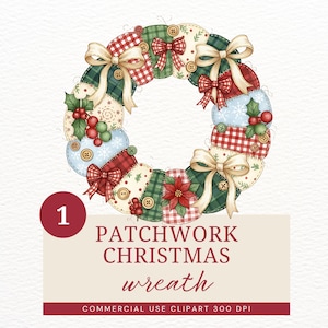 Op de afbeelding: Een ronde patchwork kerstkrans met rode, groene en crèmekleurige stoffen. Versierd met strikken, bessen en knopen. De tekst "PATCHWORK CHRISTMAS wreath" staat eronder. Een feestelijke seizoensdecoratie.