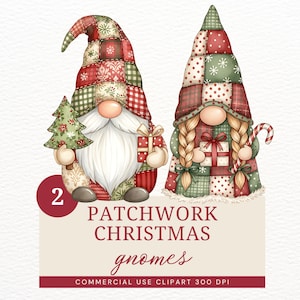 Op de afbeelding: Twee grillige kerstkabouters met patchwork hoeden en outfits. Eén kabouter houdt een kleine kerstboom vast, de andere een cadeau en een zuurstok. De afbeelding bevat de tekst "PATCHWORK CHRISTMAS gnomes".
