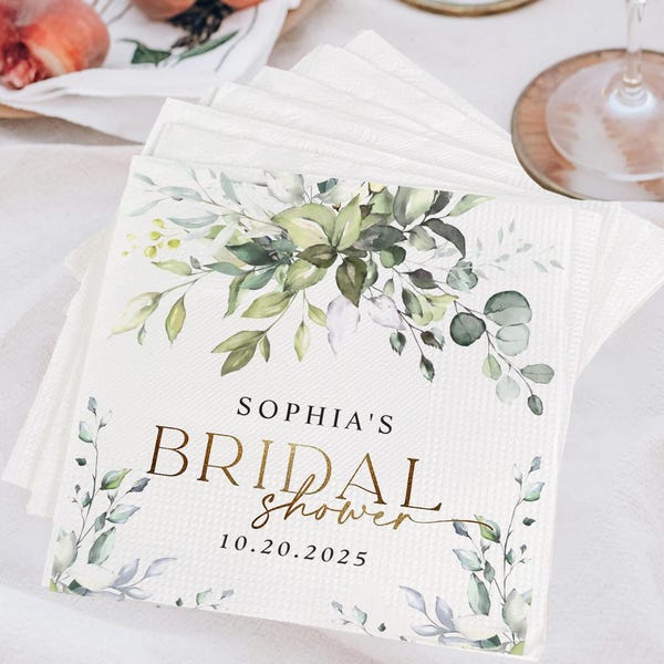 Personalized Bridal Shower Napkins, Greenery Wedding Napkins, Bridal Shower Decorations, Wedding Shower Party Decor Paper Beverage Napkins