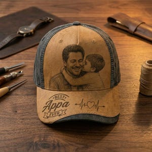 May include: A tan and charcoal gray baseball cap featuring a laser-engraved illustration of a person holding a child on the front panel. The brim displays the text "BEST Appa EVER" alongside a heartbeat line graphic with a small heart symbol.