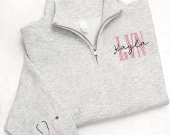 Personalized LVN Nurse Sweatshirt, Custom LVN Embroidered Quarte Zip Sweater,LVN Nurse Gift, Licensed Vocational Nurse Crewneck,Lvn Pullover