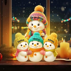 May include: A heartwarming Christmas scene featuring a snowman family. The image shows a large snowman labeled "Grandma" wearing a colorful hat and scarf, with three smaller snowmen labeled "Sophia", "Henry", and "Ashley". The snowmen are adorned with winter accessories.