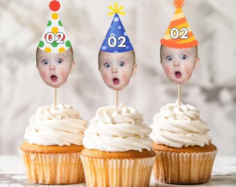 Custom Different Faces Photo Party, Hat Cupcake Topper For First Milestone Birthday, Party Hat Cupcake, Decoration  Photo Face On Stick