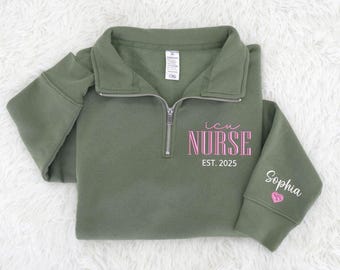 Custom ICU Nurse Embroidered Zip Sweatshirt, White Quarter Zip Pullover for Critical Care RN, Gift for Intensive Care Nurse, Medical Staff