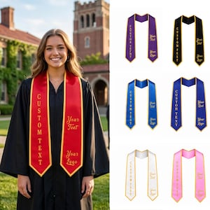 May include: A woman in a graduation gown wearing a red sash with gold trim and the text "CUSTOM TEXT", "Your Text", and "Your Logo". Additional sashes in purple, black, blue, white, and pink are also displayed.