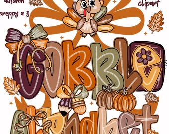 May include: A colorful Thanksgiving-themed graphic with the word "GOBBLE" in large, stylized letters. A cartoon turkey wearing a pilgrim hat is at the top. The word "ALPHABET" is at the bottom, with pumpkins and fall leaves.