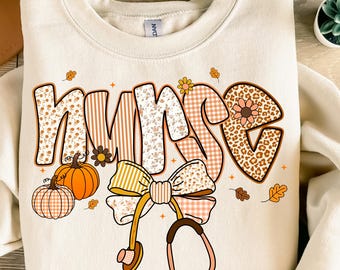 Fall Pumpkin Nurse png | Autumn Glitter Bow PNG | Cute Fall Floral Sublimation for Nurses | Fall Nursing Shirt Design, pumpkin season png