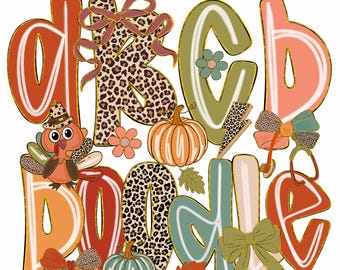 May include: Colorful fall-themed alphabet clipart with the text "ALPHABET FALL A Z CLIPART PNG FILE". The design includes letters, pumpkins, flowers, bows, and a turkey in shades of orange, green, and brown.