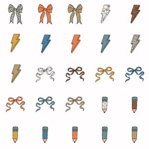 May include: An assortment of illustrated bows, lightning bolts, and pencils in various colors and patterns. The bows have floral, glitter, and solid designs. The lightning bolts are yellow, blue, and orange. The pencils have patterned barrels.