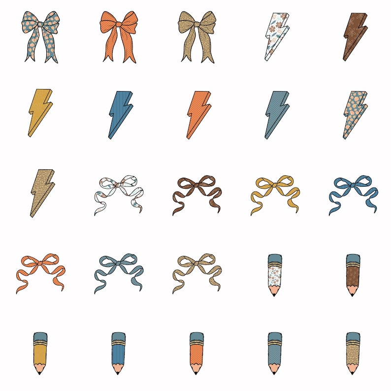 May include: An assortment of illustrated bows, lightning bolts, and pencils in various colors and patterns. The bows have floral, glitter, and solid designs. The lightning bolts are yellow, blue, and orange. The pencils have patterned barrels.