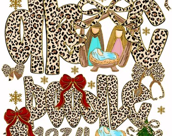 ヒョウ柄クリスマスアルファベットPNGバンドル – サンタ、グリッターゴールド（デジタルダウンロード）