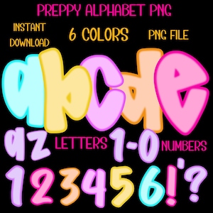 Adrette Buchstaben und Zahlen PNG Pack, 6 Farben Doodle Alphabet Clipart, bunte A-Z (0-9) Schriftart, Lehrer Zurück zu Schule Sublimationsset png
