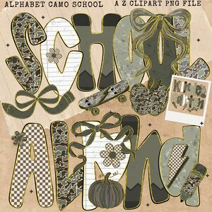 Puede incluir: Clipart digital con las palabras "SCHOOL" y "ALBUM" en un patrón de camuflaje, con detalles dorados. Incluye un monopatín, una manzana, una calabaza y una imagen estilo polaroid. El diseño tiene una estética vintage de scrapbook.