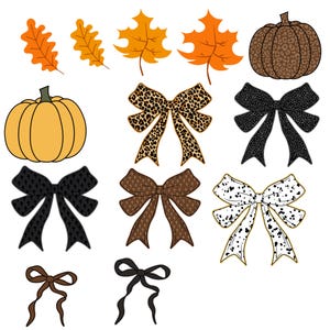 May include: A collection of fall-themed digital illustrations. Includes orange leaves, pumpkins, and various bow designs in leopard print, black, brown, and white with black spots. The pumpkins are orange and brown.