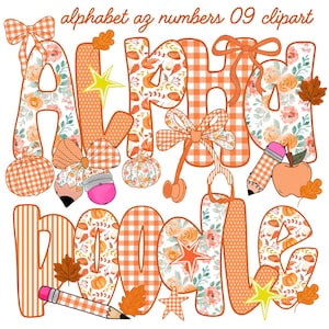 May include: Digital clipart set featuring the text alphabet az numbers 09 clipart. The letters are decorated with orange and white patterns including gingham, polka dots, stripes, floral motifs, pumpkins, autumn leaves, pencils, and bows.