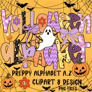 Preppy Halloween Alphabet PNG Clipart: Retro Font, Spooky Season (Digital Download)
