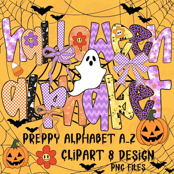 Alfabeto de Halloween preppy PNG Clipart: Fuente retro, temporada espeluznante (Descarga digital)
