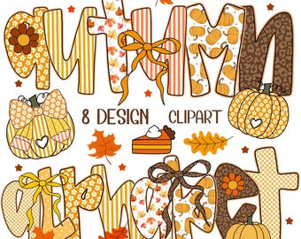 May include: A colorful autumn-themed digital clipart design with the word "AUTUMN" in various patterns, including floral, stripes, and pumpkin motifs. Includes pumpkins, leaves, and a slice of pie. The text "8 DESIGN CLIPART" is also visible.