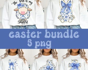 Happy Easter Bundle Png, Blue Chinoiserie Floral Bunny Png, Grandmillennial Easter Png, Easter Bunny Png, Blue Toile Easter Coquette Png