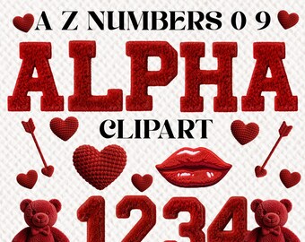 Red Chenille Alphabet PNG: Embroidered Letters, Numbers, Valentine Clipart (Digital Download)