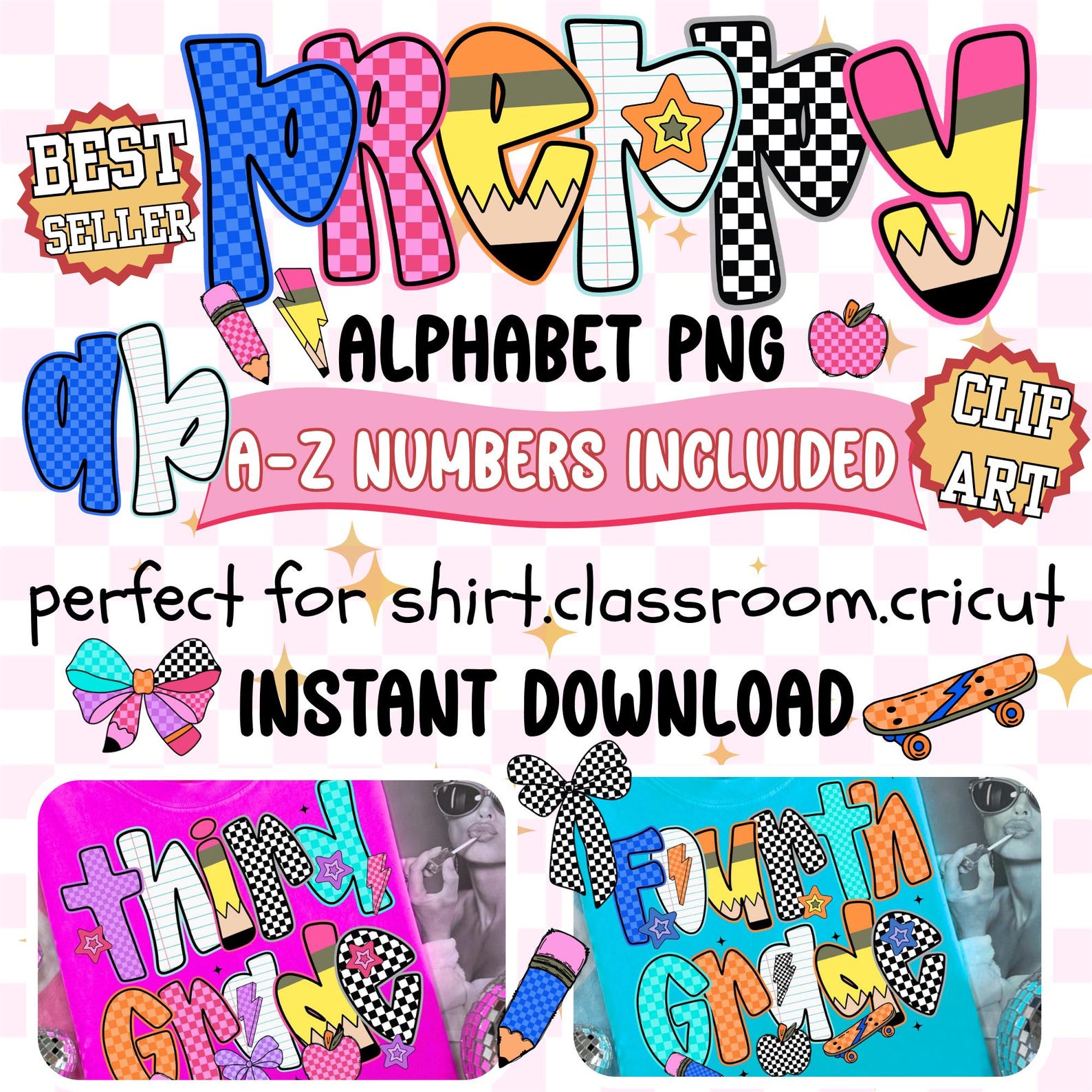 Preppy Alphabet PNG Bundle, Coquette Letters A-Z, Numbers Clipart ...