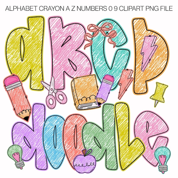 Crayon Alphabet PNG | Retro School Letters Clipart (Digital Download)