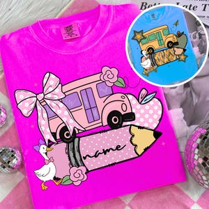 Back to School PNG |Preppy School Girl Design | Cute School Bus with Bow & Name | Custom Teacher Name PNG | Digital Download for Sublimation