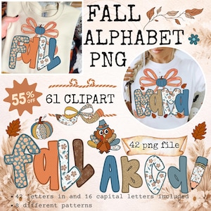 Fall Alphabet PNG Clipart, Preppy Coquette Floral ABC, Pumpkin Bow Letters (Digital Download) image 1