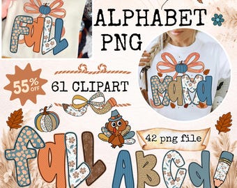 Fall Alphabet PNG Clipart, Preppy Coquette Floral ABC, Pumpkin Bow Letters (Digital Download)