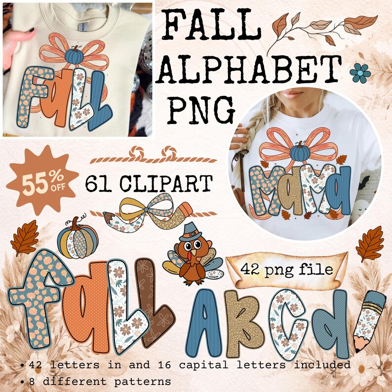 Fall Alphabet PNG Clipart, Preppy Coquette Floral ABC, Pumpkin Bow Letters (Digital Download) image 1