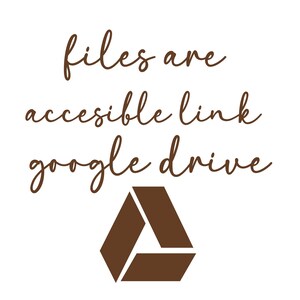 May include: White background with brown text that reads "files are accessible link google drive." Below the text is a brown Google Drive logo, a stylized triangle composed of three interlocking shapes.