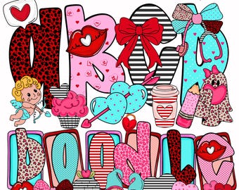 Alla hjärtans dag-alfabetet PNG – Preppy rosa och röd cupid clipart (digital nedladdning)