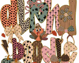 May include: A colorful fall-themed digital clipart design. The image features the words "Autumn Love" in various patterns and textures, including polka dots, leopard print, and stars. A cartoon turkey and pumpkins are also included. The text "alphabet fall a z png file clipart" is at the top.