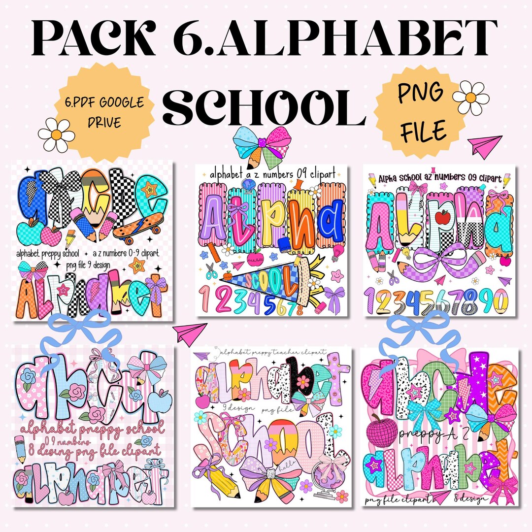 Coquette Preppy Floral Alphabet PNG, Back to School Retro Doodle Font ...