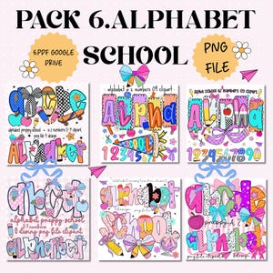 Puede incluir: Un paquete de arte digital con diseños coloridos de alfabeto y temática escolar. La imagen incluye las palabras "PACK 6. ALPHABET SCHOOL" e ilustraciones de letras, números, lazos y útiles escolares. Los diseños están disponibles como archivos PNG.