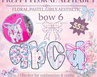 Preppy Floral Alphabet PNG, Coquette Bow Letters, Grandmillennial ABC Clipart, Girly Sublimation Alphabet, Retro Pink Blue Letters